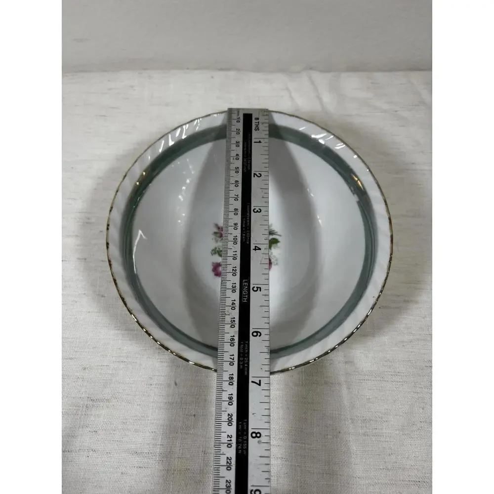 Vintage Japan Porcelain Bowl 6.75” – Roses, Green Band, Gold Trim